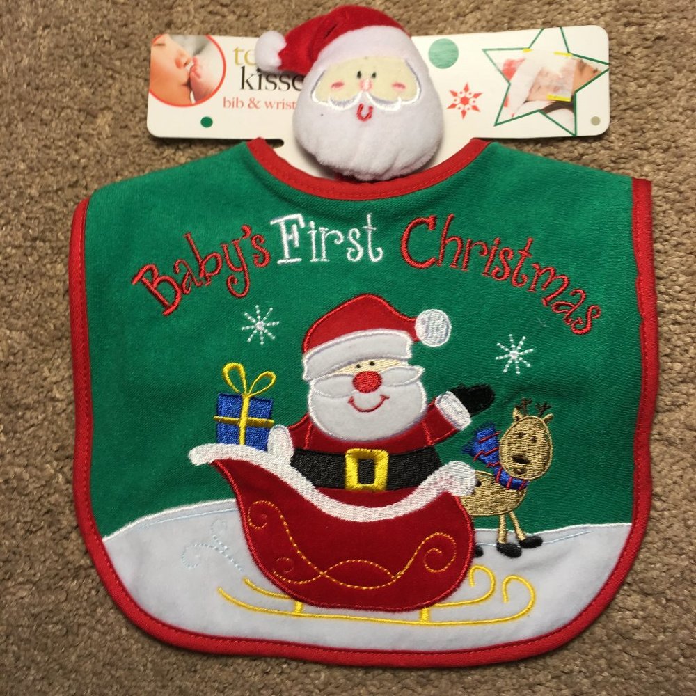 Baby's First Christmas Bib and Santa Wrist Rattle